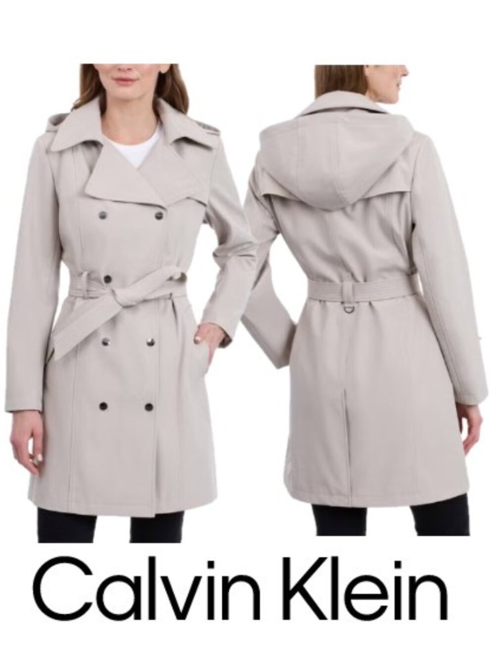 NWT Calvin Klein Women's Hooded Trench Coat,  Ivory (Oyster), Water resistant